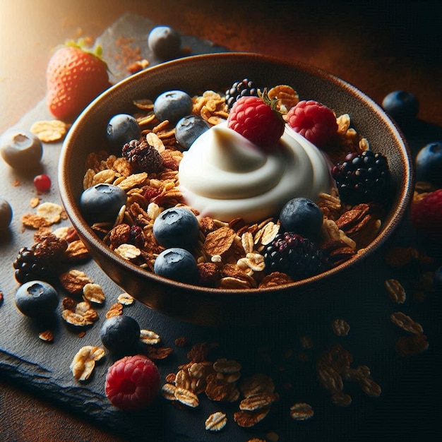 a bowl of cereal with berries and milk on it