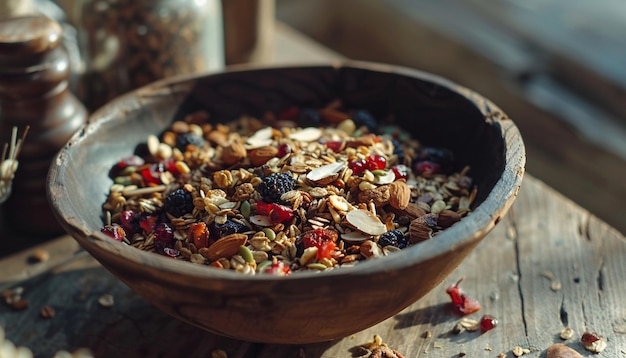 a bowl of cereal with a few nuts and some other food in it