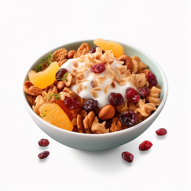 Bowl of cereal with nuts fruit and yogurt