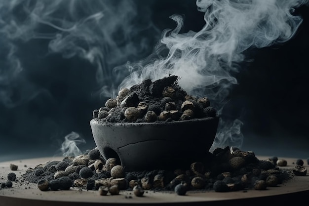 A bowl of charcoal with smoke coming out of it