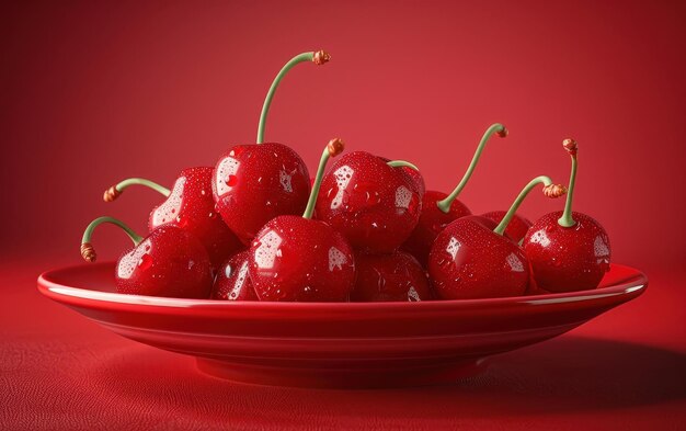 A Bowl of Cherries Glistens on a Red Background