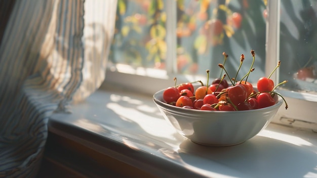 a bowl of cherries sits on a window sill