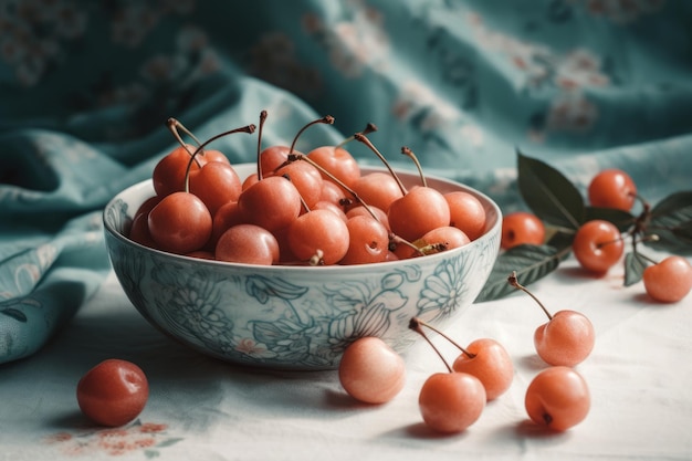 A bowl of cherries on a table with leaves on the table.