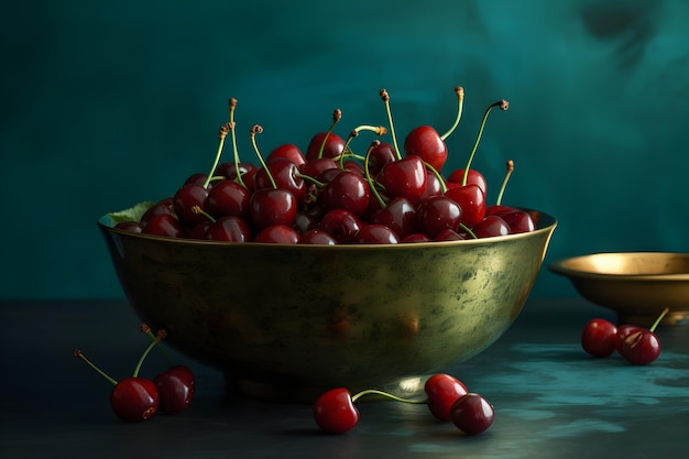 A bowl of cherries with a blue background