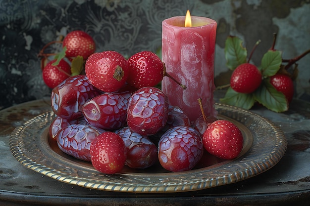 a bowl of cherries with a candle and a candle in it