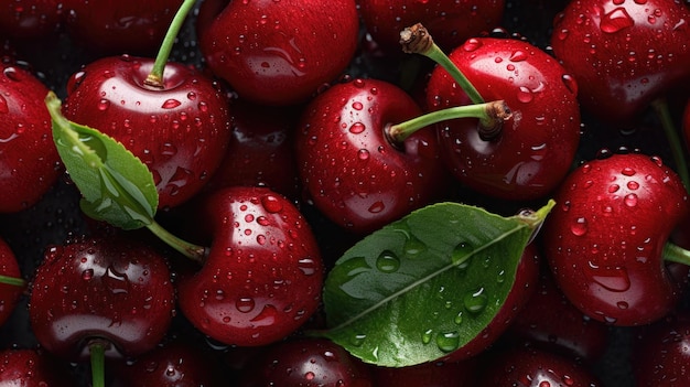 A bowl of cherries with a green leaf on the top