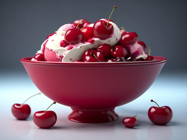 A bowl of cherries with a white background and a blue background.