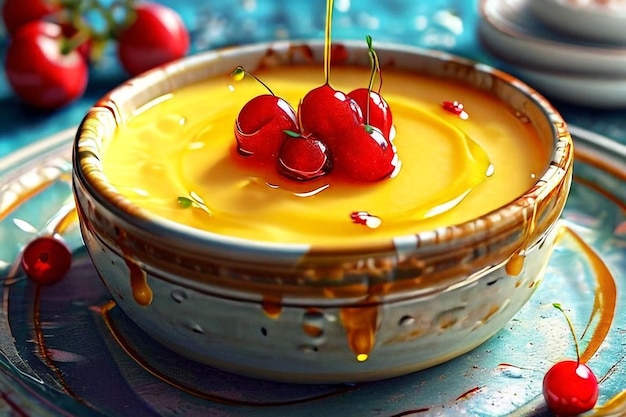 Photo a bowl of cherries with a yellow sauce on it