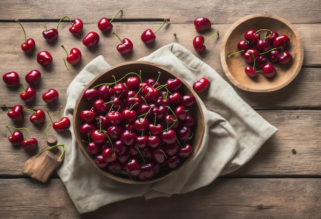 Bowl of cherries on a wooden table