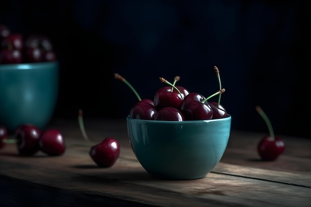 A bowl of cherries on a wooden table