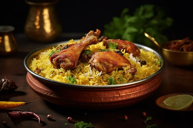 A bowl of chicken biryani with rice and a plate of food on the table.