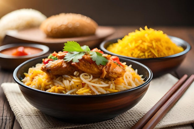 A bowl of chicken biryani with rice and vegetables