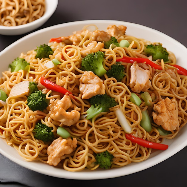 Photo a bowl of chicken and broccoli with chicken and noodles