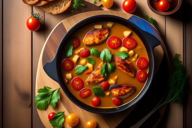 A bowl of chicken and chickpeas with tomatoes and parsley