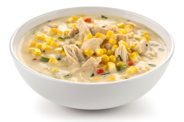 A bowl of chicken and corn soup with a white background