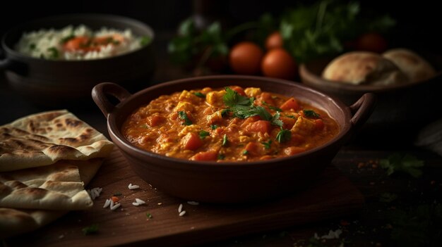 A bowl of chicken curry sits on a wooden table with bread and bread in the background.