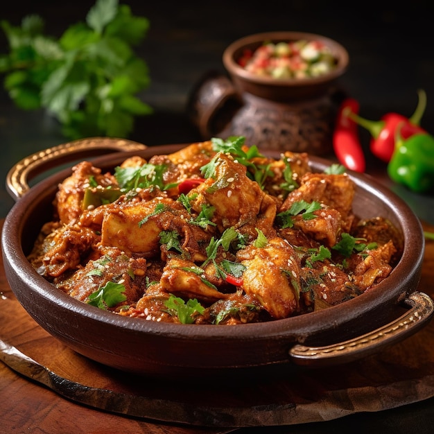 A bowl of chicken curry with a bowl of chilli on a wooden table.