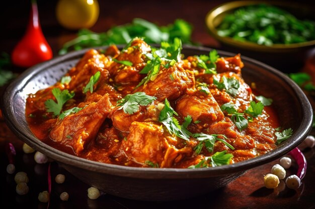 A bowl of chicken curry with a bowl of green vegetables.