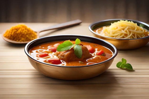 A bowl of chicken curry with a bowl of spaghetti and parsley.