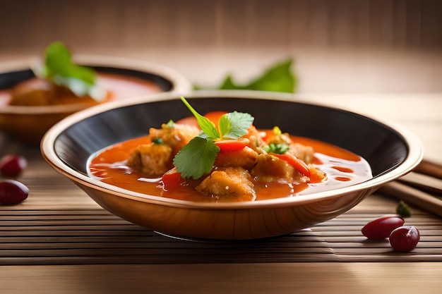 A bowl of chicken curry with cilantro on the side