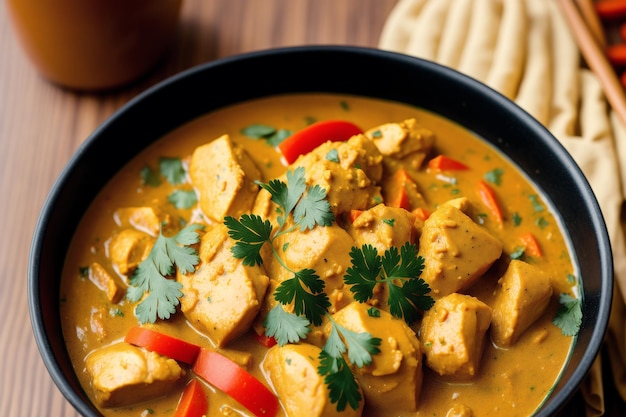 A bowl of chicken curry with cilantro on the side