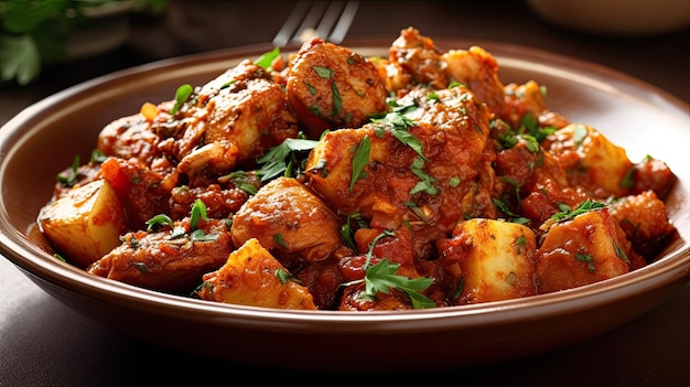 A bowl of chicken curry with a fork on the side.