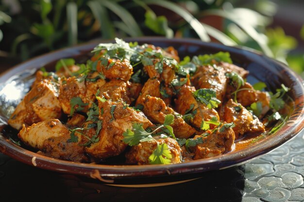 Photo a bowl of chicken curry with a garnish of parsley