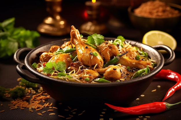 A bowl of chicken curry with green chilli on a table.