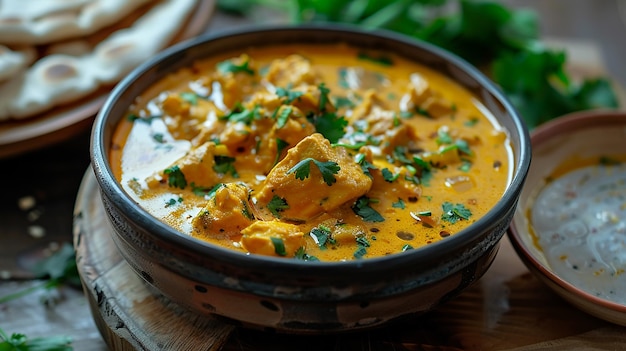 a bowl of chicken curry with a green vegetable in the middle