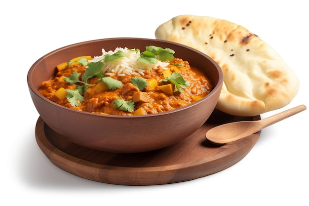 A bowl of chicken curry with naan bread on a white background.