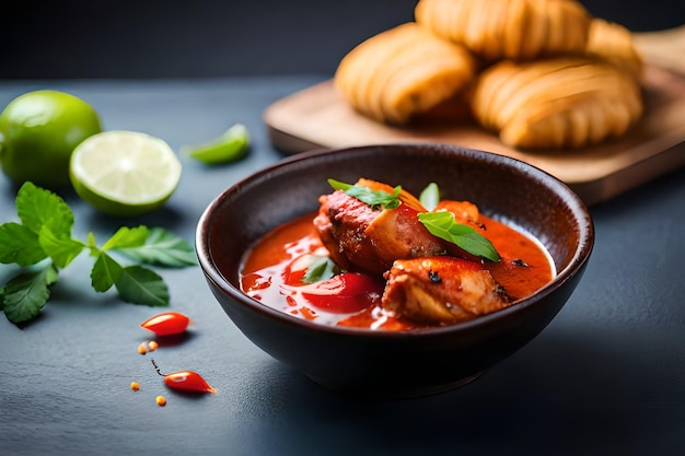 A bowl of chicken curry with a plate of croissants on the side