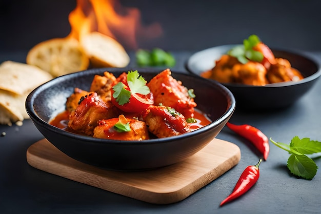 A bowl of chicken curry with red chili on a wooden board with a fire in the background