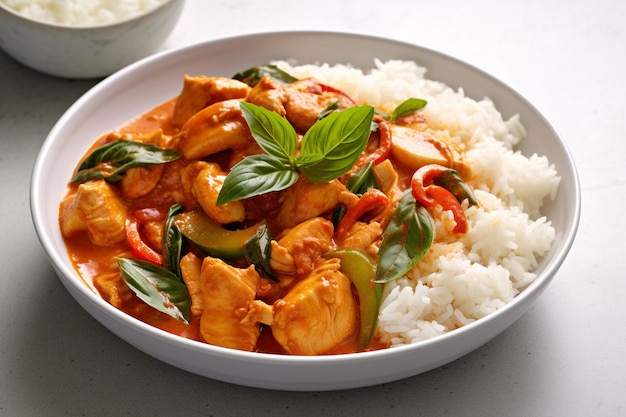 A bowl of chicken curry with rice and basil leaves.