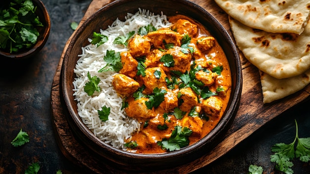 a bowl of chicken curry with rice and chicken