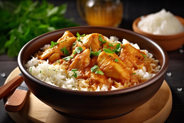 A bowl of chicken curry with rice on the side