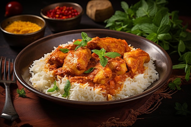 A bowl of chicken curry with rice and vegetables