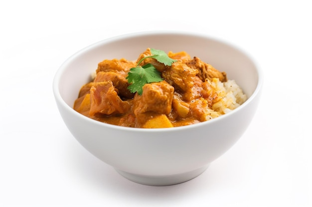 A bowl of chicken curry with rice on a white background