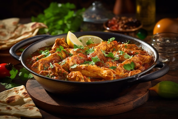 A bowl of chicken curry with a side of naan bread on a wooden table.