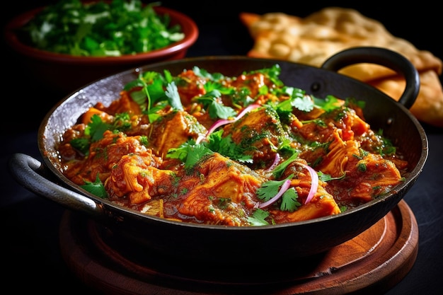 A bowl of chicken curry with a side of naan bread