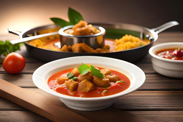 A bowl of chicken curry with a side of rice and a bowl of curry.