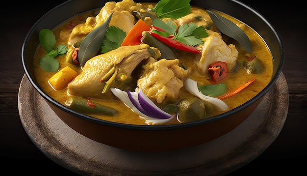 A bowl of chicken curry with vegetables and red chilies