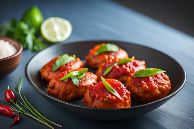 A bowl of chicken meatballs with a lime wedge on the side.