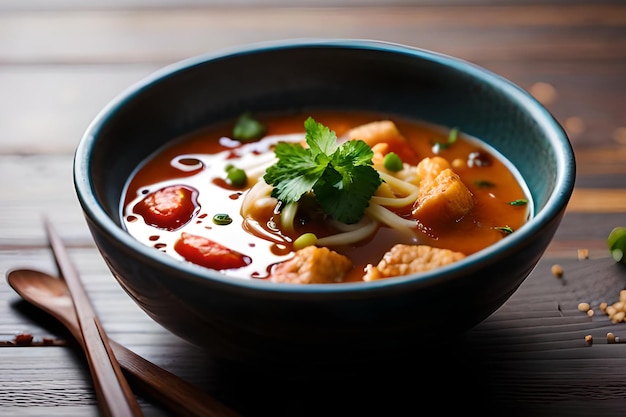 A bowl of chicken noodle soup with a spoon on a wooden table.