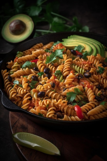 A bowl of chicken pasta with cheese and beans