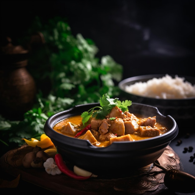 a bowl of chicken and rice on a table