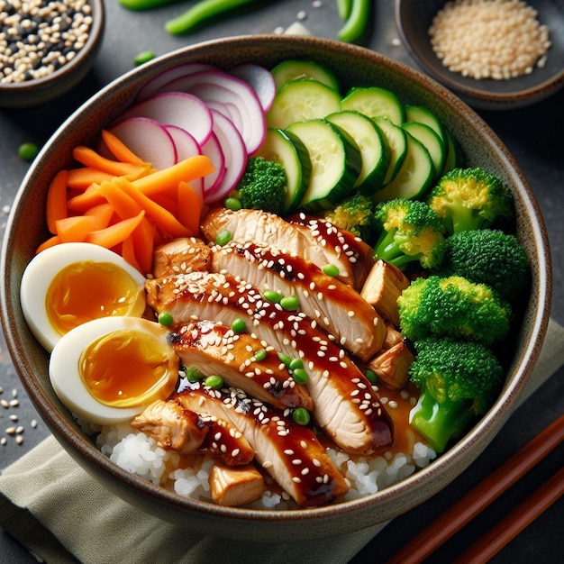 a bowl of chicken rice and vegetables with rice and vegetables