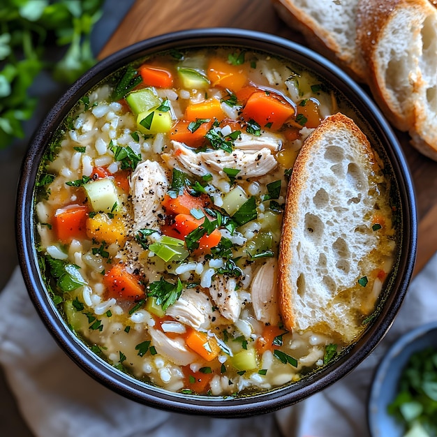 Photo a bowl of chicken soup with chicken corn and vegetables