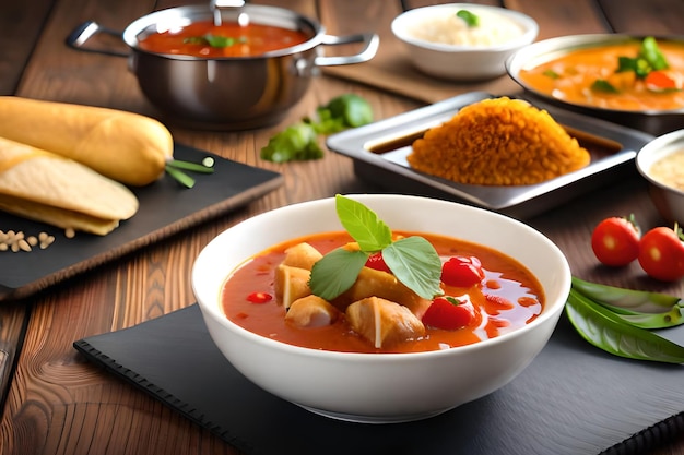 A bowl of chicken soup with other dishes on a table.