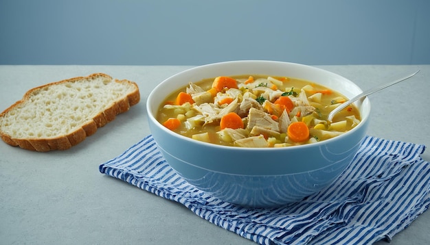 a bowl of chicken soup with a piece of bread and a piece of bread