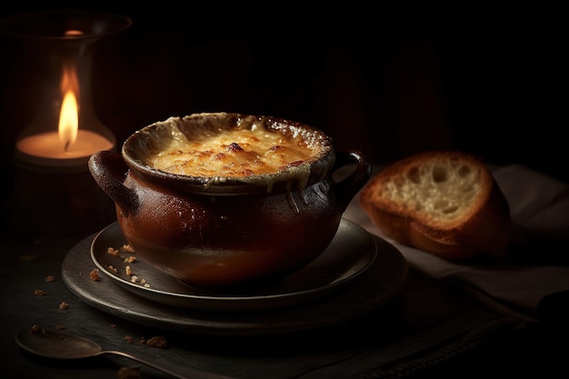 A bowl of chicken soup with a piece of bread on the side.